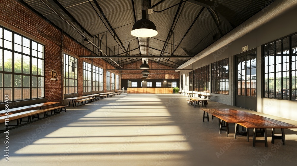 custom made wallpaper toronto digitalSunlit industrial warehouse interior with long wooden benches and high ceilings.