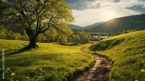 Spring hike with fresh green landscapes, backlighting, light background with space on the right side of the frame,generative ai illustration