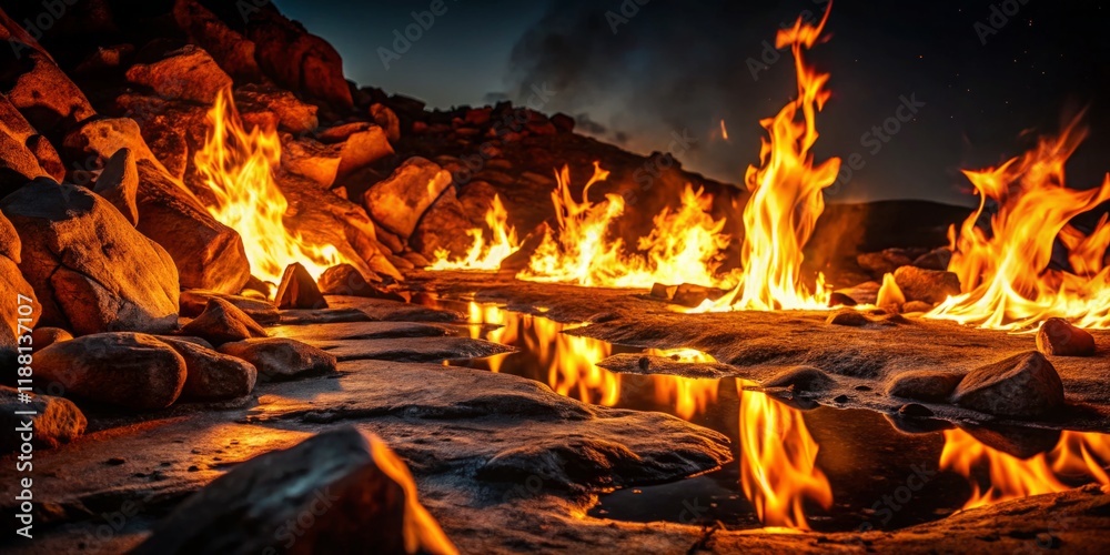 Flames Dancing on Rocky Terrain at Night Flames Dancing on Rocky Terrain at Night
