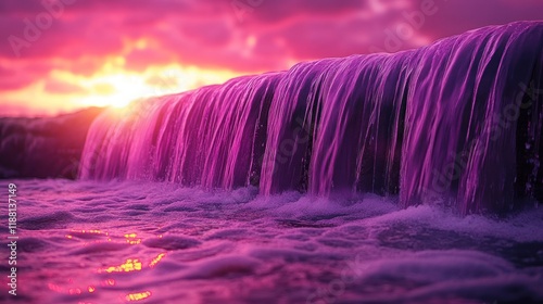 Vibrant sunset illuminates cascading waterfall into ocean.