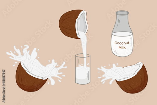 Coconut milk preparation illustrating fresh coconuts splitting open and pouring their creamy contents into glass and bottle of milk. Isolated vector illustration.