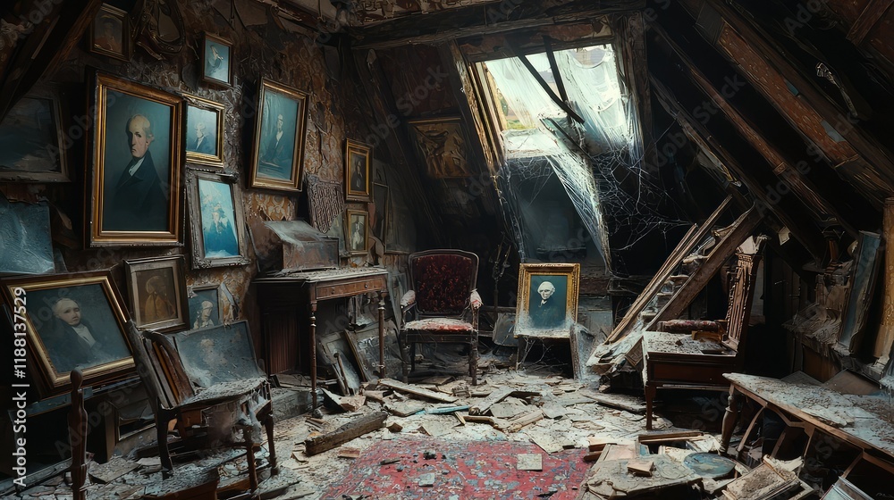 Obraz premium Dusty Attic with Antique Portraits and Cobwebs in Afternoon Light