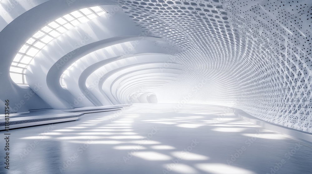 Obraz premium Futuristic white tunnel interior with sunlight and patterned walls.