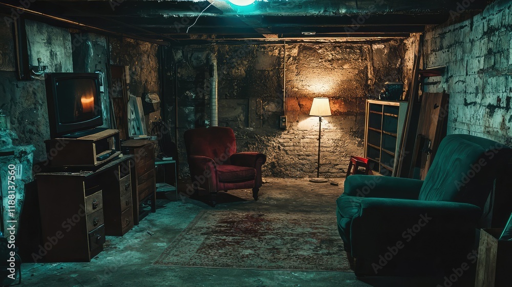 Naklejka premium Dimly Lit Basement with Vintage Furniture and Atmospheric Shadows