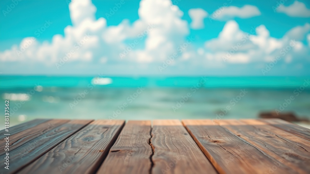 Rustic Wooden Tabletop with a Blurred Background of a Tranquil Ocean and White Clouds on a Sunny Day Rustic Wooden Tabletop with a Blurred Background of a Tranquil Ocean and White Clouds on a Sunny Day