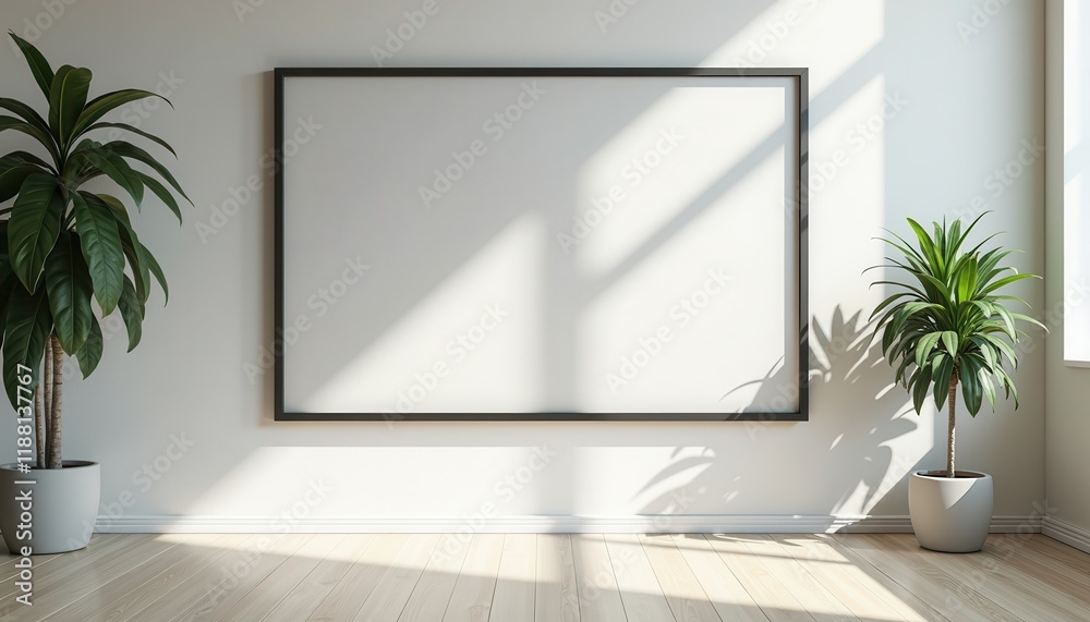 A minimalist blank poster frame in an office open to new messages or artwork. A minimalist blank poster frame in an office open to new messages or artwork.
