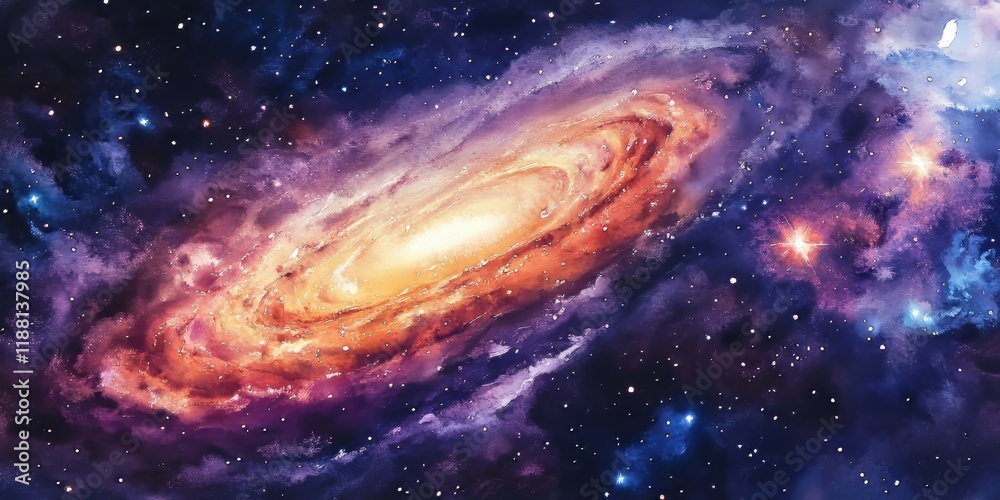 Obraz premium Watercolor depiction of a universe brimming with stars, vibrant nebula, and swirling galaxies. This universe scene showcases the beauty of cosmic elements in stunning watercolor artistry.