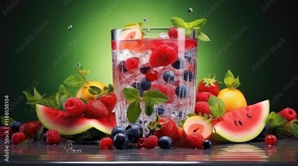 Refreshing summer fruit water in glass with ice and mint Refreshing summer fruit water in glass with ice and mint