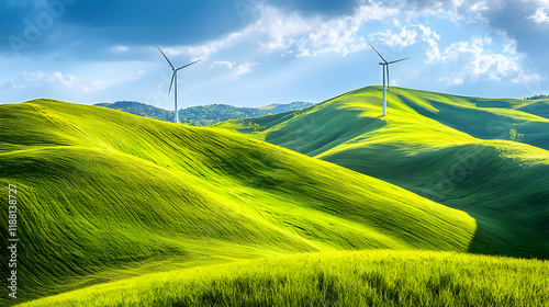 Rolling green hills, wind turbines, sunny day, Italian countryside, renewable energy