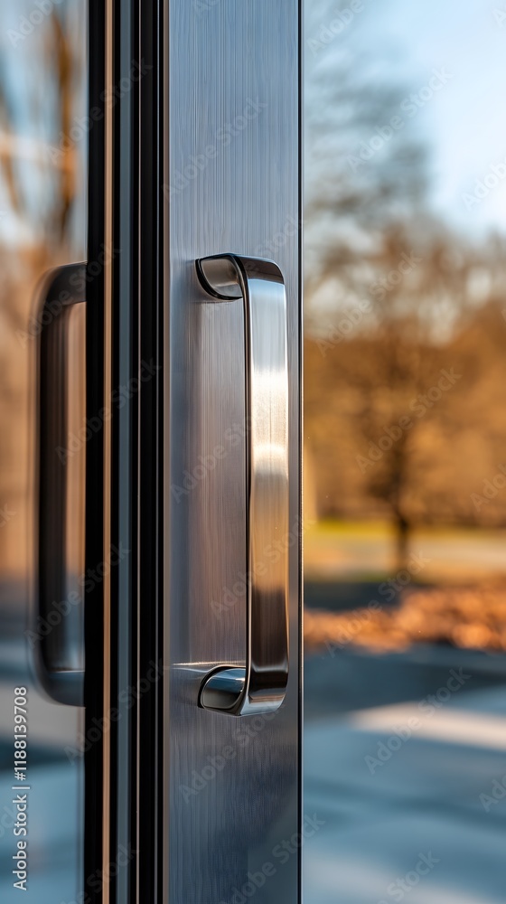 27. A close-up view of a stainless steel handle on a modern door with reflective surfaces
