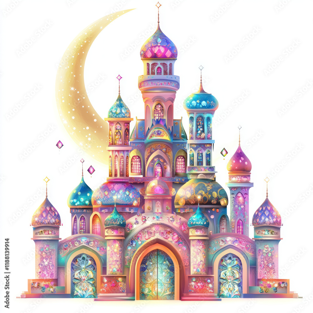 Obraz premium Whimsical Colorful Castle Under a Crescent Moon