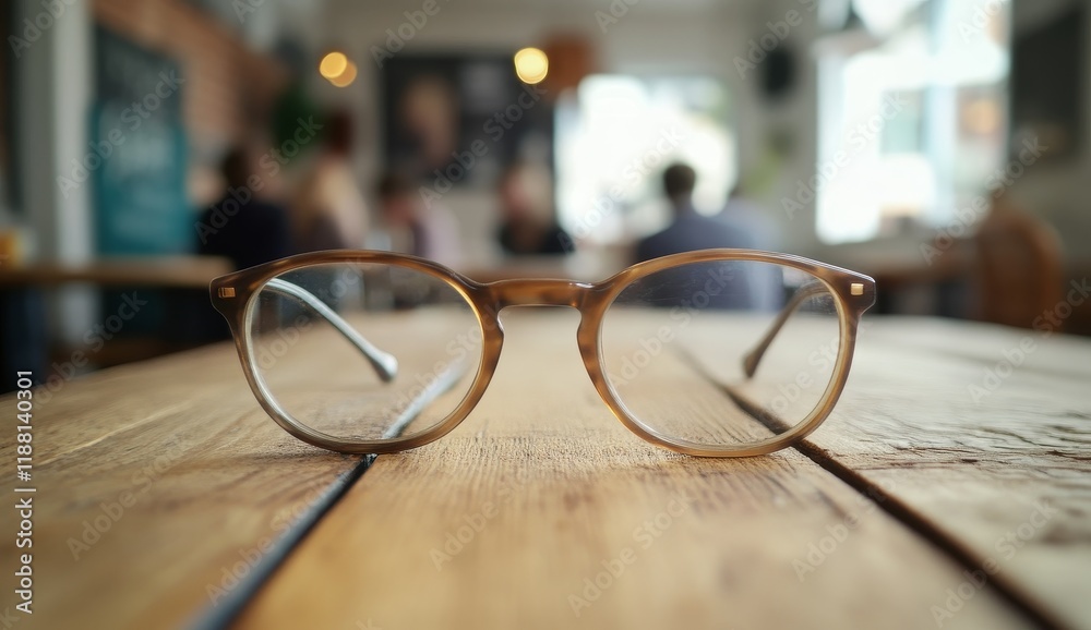 Eyeglasses on wooden table in cafe. Eyeglasses on wooden table in cafe.