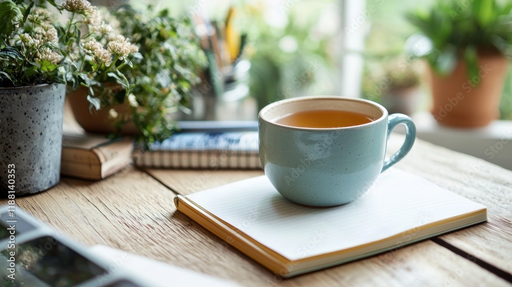 Serene Workspace Tea Notebook and Plants on Wooden Desk Serene Workspace Tea Notebook and Plants on Wooden Desk