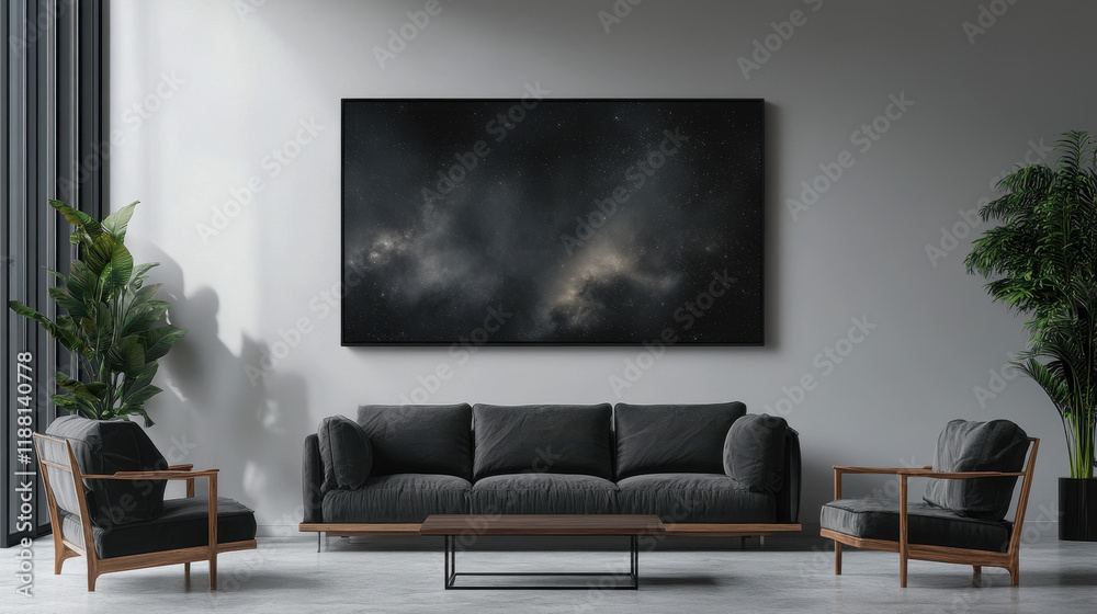 Dark Abstract Art in Modern Living Room: A large, dark abstract painting with subtle light accents hangs above a sleek, dark grey sofa in a contemporary living space. Dark Abstract Art in Modern Living Room: A large, dark abstract painting with subtle light accents hangs above a sleek, dark grey sofa in a contemporary living space.
