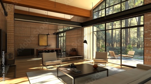 Modern Brick Home Interior Design with Expansive Forest Views  Sunlight Streaming Through Large Windows Illuminating Open Plan Living Space
