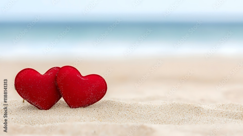 Two red hearts on beach sand, ocean backdrop; romantic, Valentine's Day, travel, greeting card Two red hearts on beach sand, ocean backdrop; romantic, Valentine's Day, travel, greeting card