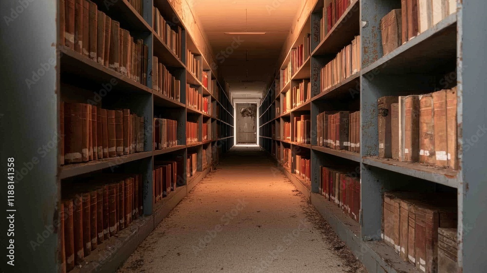 Dimly Lit Library Aisle with Old Books and Dusty Shelves Dimly Lit Library Aisle with Old Books and Dusty Shelves