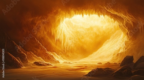 Glowing amber cave interior with light emanating from opening.