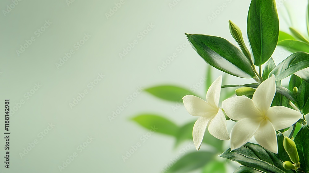Fototapeta premium Two Delicate White Flowers with Lush Green Leaves