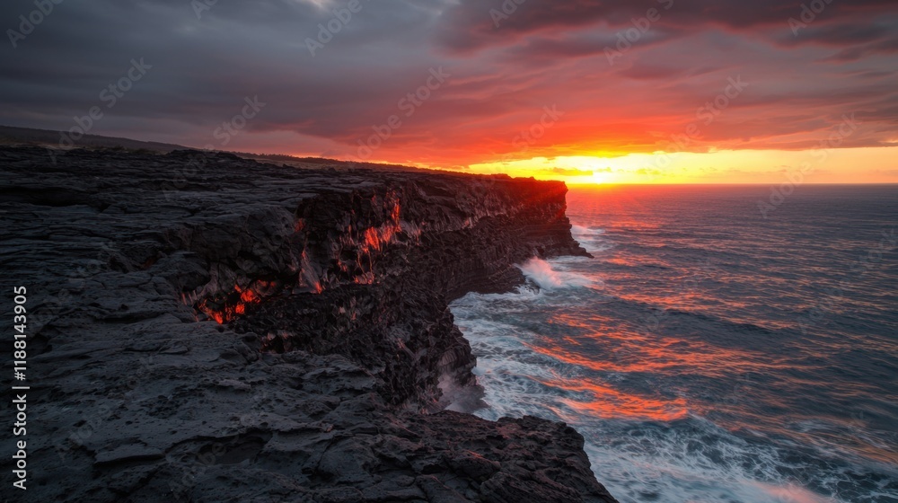 Fototapeta premium Dramatic Sunset Over Rugged Cliff with Ocean Waves and Lava Glow