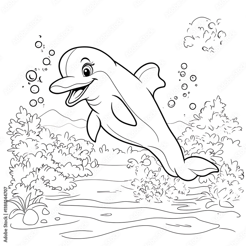 Fototapeta premium Simple Black and White Dolphin Coloring Page for Kids and Adults