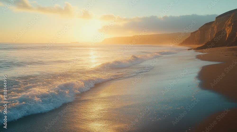 Fototapeta premium Serene sunset over ocean beach with waves.