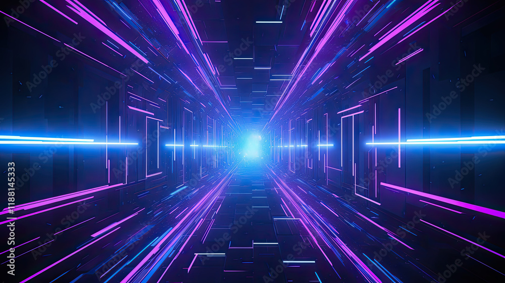 Fototapeta premium Abstract Digital Tunnel with Glowing Purple and Blue Neon Lights