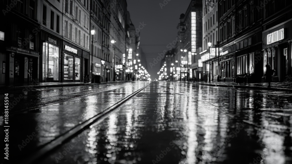 Fototapeta premium Rain-soaked City Street at Night with Glowing Lights and Reflections