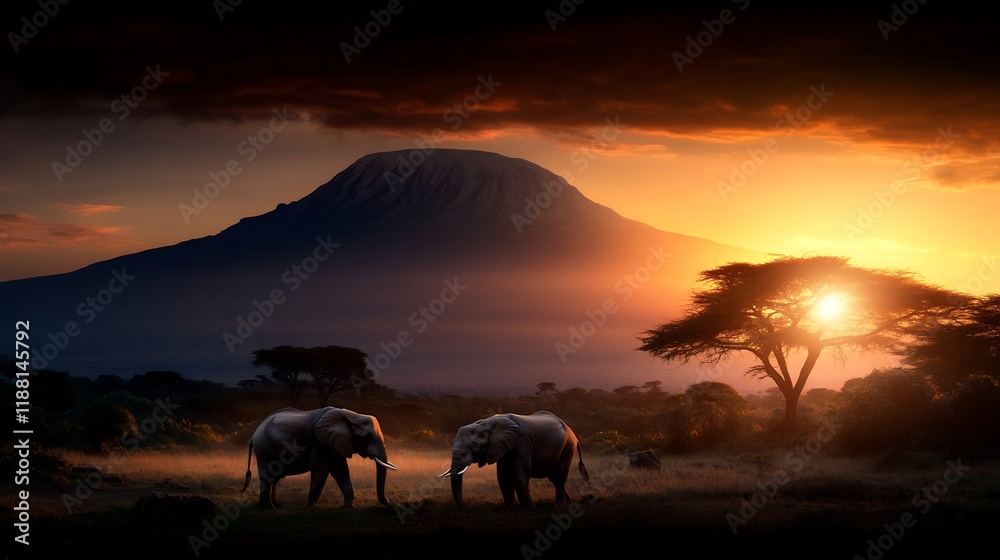 Fototapeta premium African Sunset: Elephants at Mount Kilimanjaro
