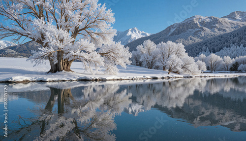 Winter tree with clear reflection in calm water, serene landscape and soft light in nature photo