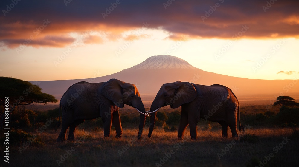 Fototapeta premium African Elephants Silhouette at Sunset with Mount Kilimanjaro in Background