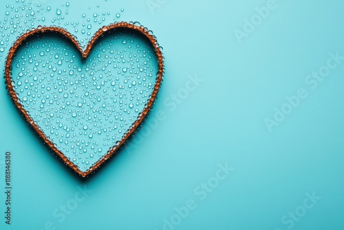 Heart shaped by water droplets on turquoise background conveying love and purity