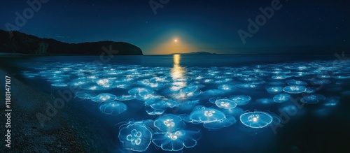 Bio luminescent jellyfish at night in ocean. photo