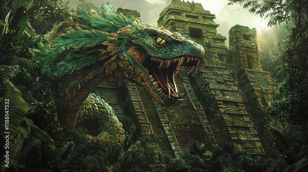 Fototapeta premium Majestic Serpent Emerges from Ancient Temple in Lush Jungle Scene