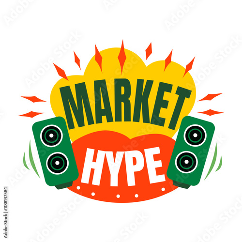A flat sticker of market hype typography with speakers depicting brand promotion 