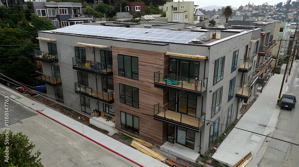 Fototapeta premium Hillside apartment building solar panels construction aerial view