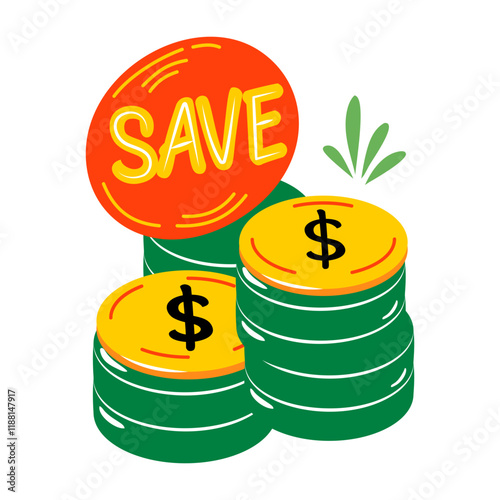 A flat ticker of coins with save typography 

