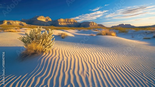 A vast and serene desert landscape under a deep blue sky with the sun low on the horizon, casting long shadows