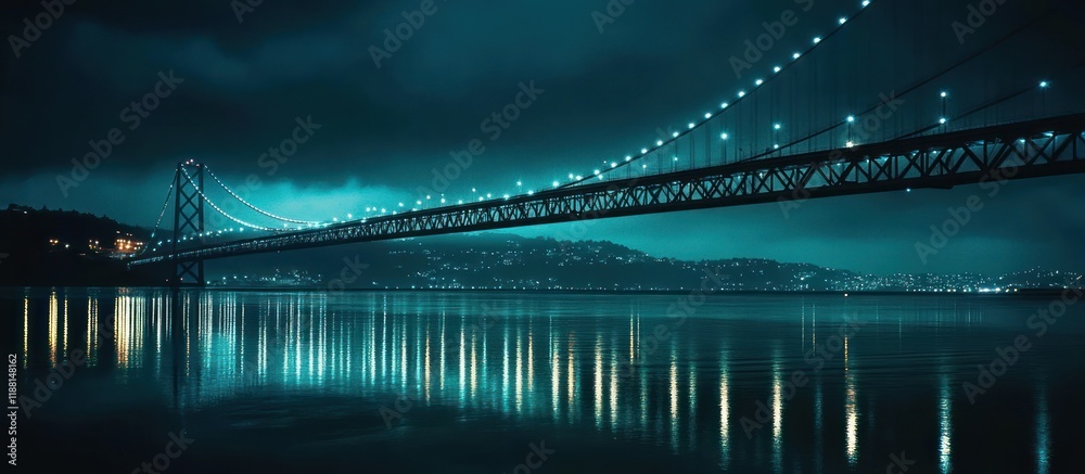 Fototapeta premium Night cityscape with illuminated suspension bridge reflecting in calm water.