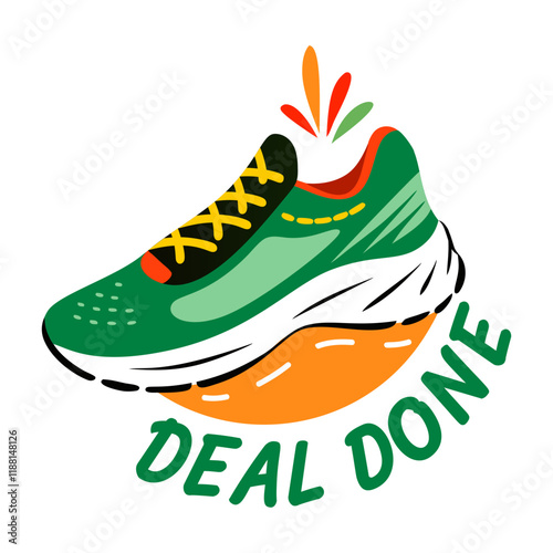 A flat sticker of a shoe with deal done typography 

