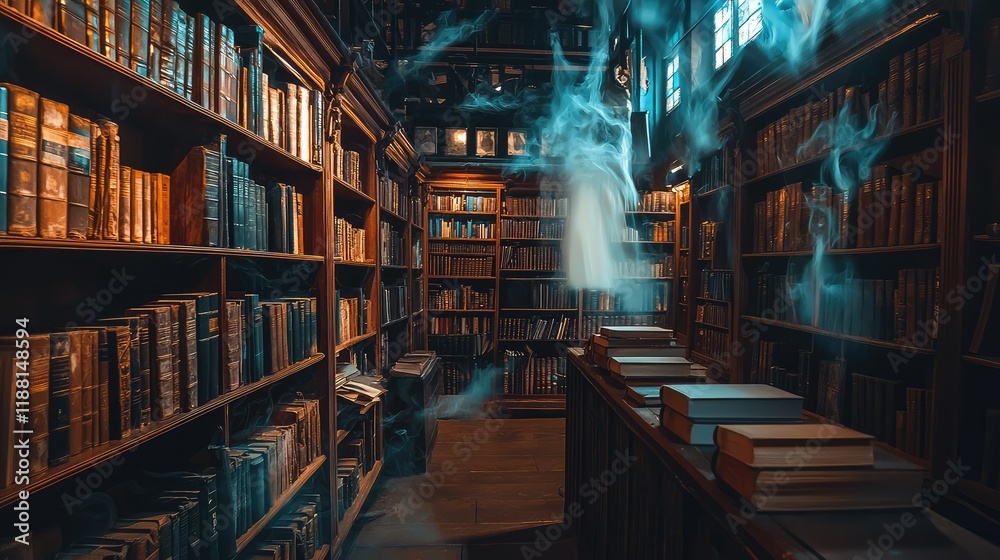 Mysterious Library with Enigmatic Mist and Antique Books Mysterious Library with Enigmatic Mist and Antique Books
