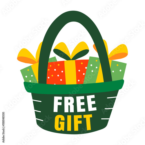 A flat sticker of a basket with free gift typography 
