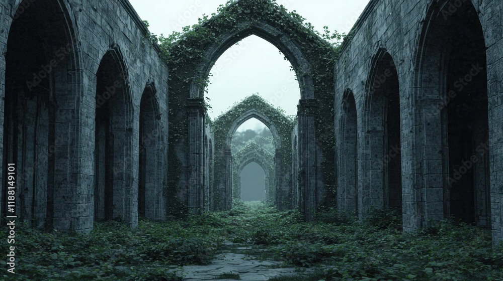 Naklejka premium Serene Ruins of Ancient Arches Covered in Lush Greenery