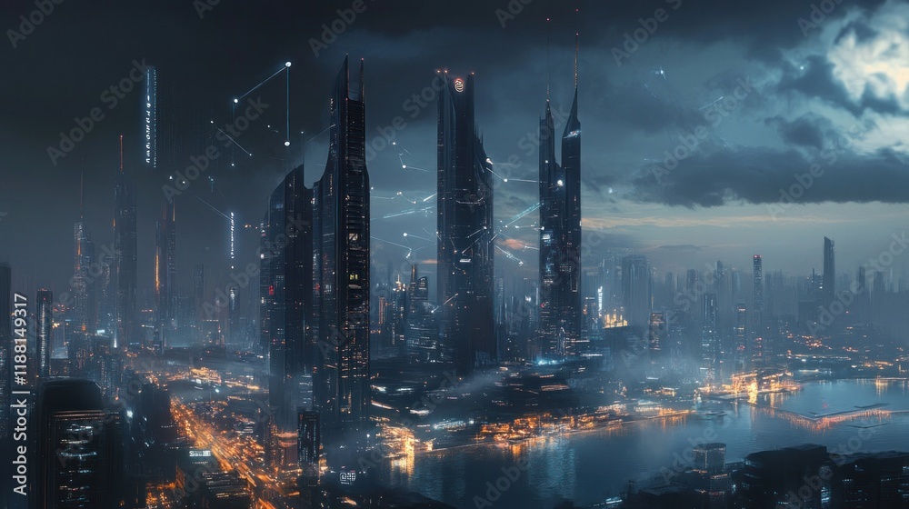Obraz premium Futuristic cityscape at night, illuminated skyscrapers, connected by glowing lines, dark clouds, water reflections.
