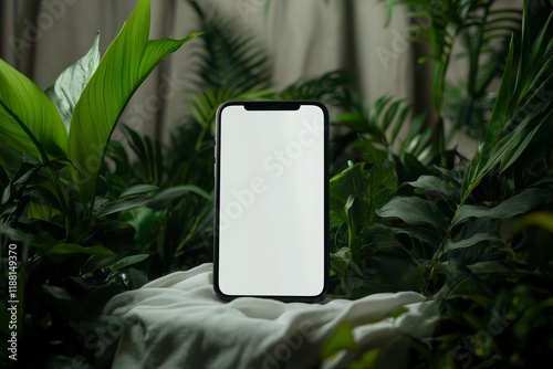 Smartphone with blank screen mockup surrounded by lush green plants. photo