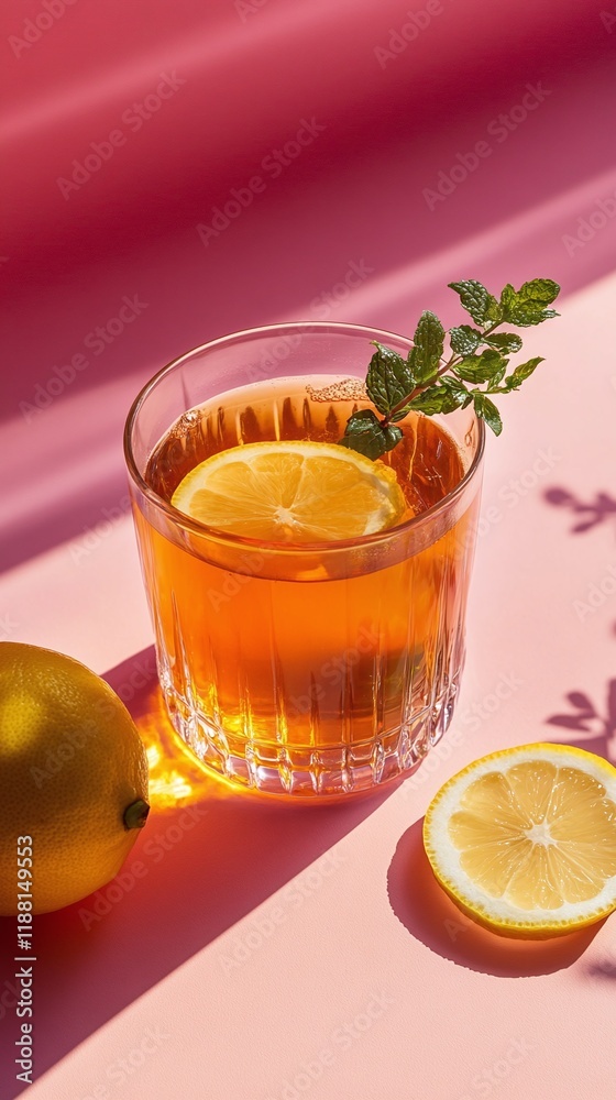 A glass of kombucha with a slice of lemon and a sprig of mint. A glass of kombucha with a slice of lemon and a sprig of mint.