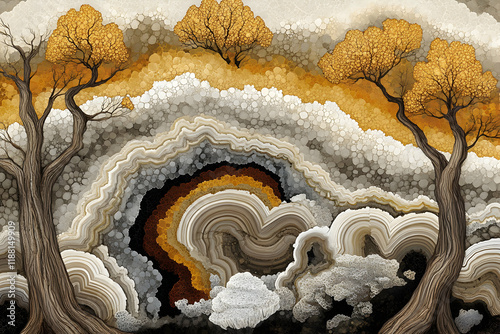 Autumnal Agate Landscape Illustration:  Golden Trees and Layered Stone Formation photo