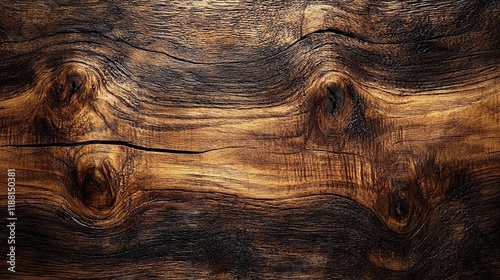 Dark brown wood texture with knots and cracks, showing natural grain and patterns. photo