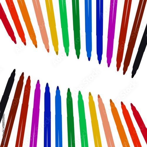 Set of markers with basic colors for drawing and coloring. Sale and advertising of markers and drawing with them. Felt-tip pen for drawing courses. Set of markers with a cap for children.