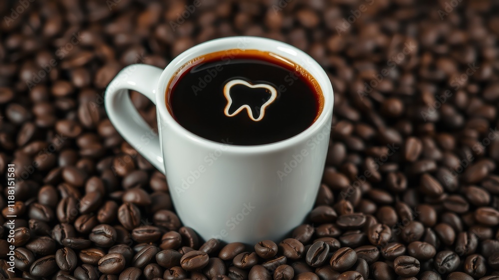 A single cup of coffee with a tooth-shaped design in the foam, nestled amongst a bed of dark, roasted coffee beans. A single cup of coffee with a tooth-shaped design in the foam, nestled amongst a bed of dark, roasted coffee beans.